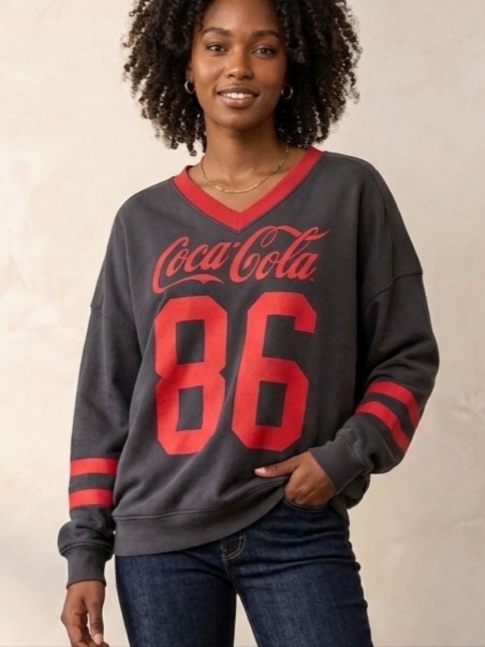 Coca Cola Women's Charcoal V-Neck Sweatshirt with Red Logo